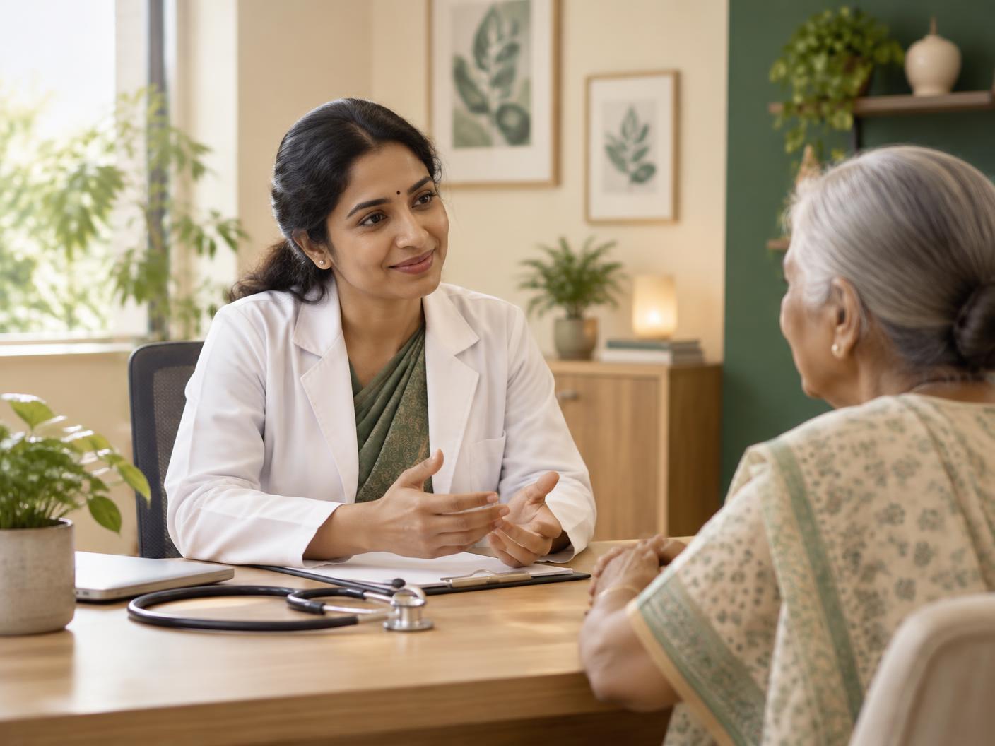A doctor consulting with a patient at a calm, modern clinic desk